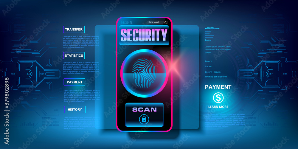 Poster cyber security system. protecting your data on your smartphone. fingerprint scanning. protection of 