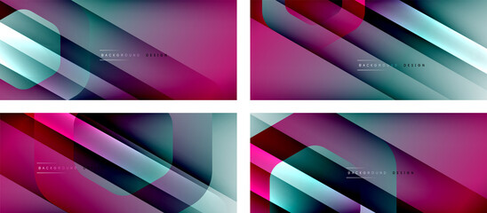 Fototapeta premium Set of hexagon geometric shapes and fluid gradients with 3d shadow and light straight lines, minimal abstract backgrounds
