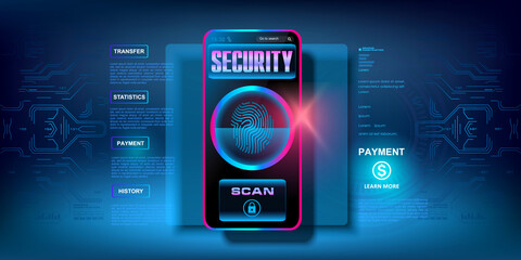 Cyber security system. Protecting your data on your smartphone. Fingerprint scanning. Protection of online payments and money transfers. Strong personal data protection code. Vector illustration