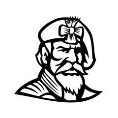 Head of Jacobite Highlander Wearing Beret Mascot Black and White