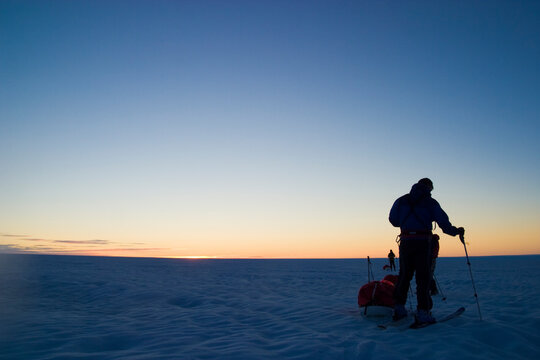 Scene of expedition life on a polar journey in Greenland