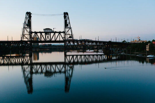 bridge in Portland, Oregon over Willamette River at dawn