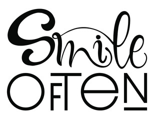 Smile often text. Motivational quote, handwritten calligraphy text for inspirational posters, cards and social media content. phrase isolated.	