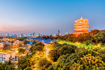 High angle scenery night view of Yellow Crane Tower in Wuhan, Hubei, China