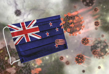 Face mask with flag of New Zealand, defending coronavirus - 379805213