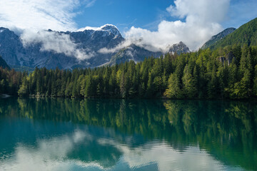 Obraz na płótnie Canvas beautiful morning at Lake Laghi di Fusine in the Julian Alps in Italy