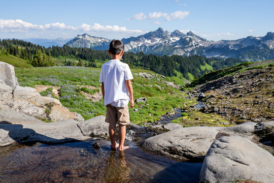 Young boy outdoor enjoying the view of the beautiful mountain sc