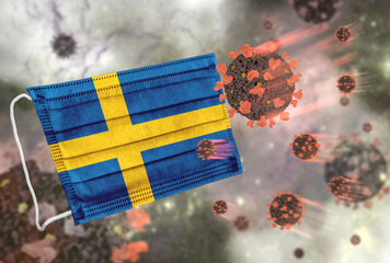 Face mask with flag of Sweden, defending coronavirus - 379807465
