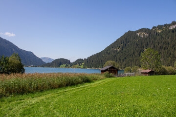 Fototapeta na wymiar Haldensee LAndschaftsidyll Tirol Tannheimer Tal Bergsee Spiegelung Fluss Alpenpanorama