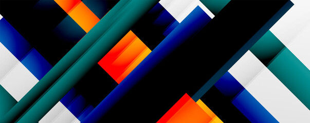 Geometric abstract backgrounds with shadow lines, modern forms, rectangles, squares and fluid gradients. Bright colorful stripes cool backdrops