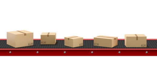 Conveyor belt with cardboard boxes at factory, plant or warehouse. Vector realistic illustration of automated machine in production line with product packages isolated on white background