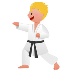 The boy is engaged in karate. Single combat. Hobby. Sports direction. International Sports Day. Cartoon flat style. White background. Can be used for web design collages, magnets, stickers