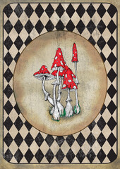 Alice in Wonderland watercolor  grunge icons A4 flash cards with diamond victorian background
 - obrazy, fototapety, plakaty