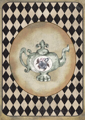 Alice in Wonderland watercolor  grunge icons A4 flash cards with diamond victorian background  © onanana