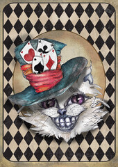 Alice in Wonderland watercolor  grunge icons A4 flash cards with diamond victorian background  © onanana