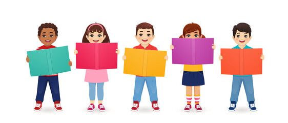 Smiling cute kids boys and girls holding books isolated vector illustration. Multiethnic happy children reading.