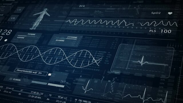 Abstract HUD Technological panel for medicine and science.3D human.DNA.Cardiogram monitor.ECG Vfib.Heart beat line.Medical Institute students.2D graphic.Medical display.Green.Blue.