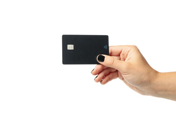 Female hand hold black card, isolated on white background