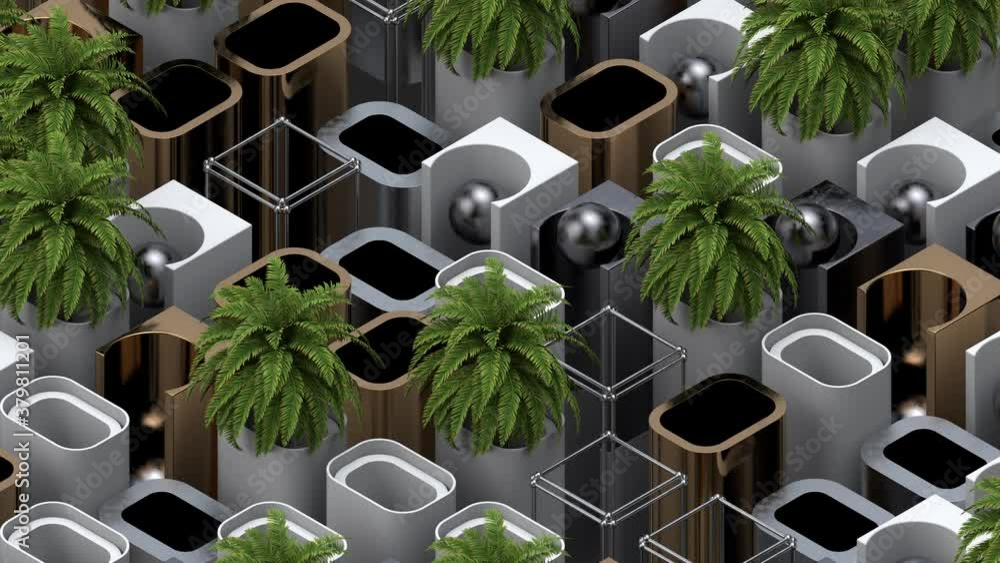 Poster abstract 3d render background with metallic elements, spheres, realistic plants. modern isometric co