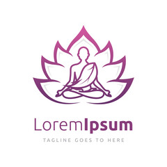 Obraz premium Yoga logo vector, a man meditation into Lotus flower.