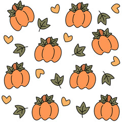 Cute lovely cartoon doodle pumpkins with leaves and hearts seamless vector pattern background illustration