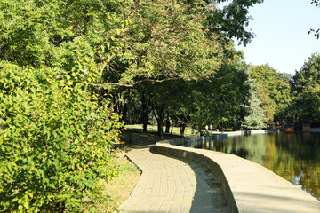 Beautiful city park in bright sunny morning