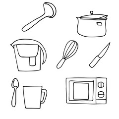 Vector set of kitchen utensils: saucepan, water filter, microwave oven, ladle, whisk, knife, spoon, mug. Black color