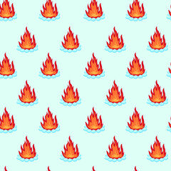 Seamless pattern drawing bonfire in flat style. Vector illustration of a burning bonfire on a blue background. Printing on textiles, wallpaper, clothing.