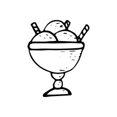 ice cream balls with straws icon, sticker, card hand drawn vector doodle. sketch, Scandinavian, minimalism, monochrome. single element for design. food, dessert