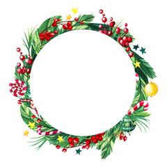 Watercolor frame for Christmas decoration. New Year symbols around the circle. Fir branches, berries, tree decorations, stars, lollipops and sweets. Place for text.
