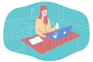 Working home, watching webinar, online meeting flat vector illustration. Video conferencing, teleworking, social distancing, business discussion, studying. Girl with laptop speaks to colleagues