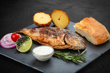 Grilled dorado with baked potatoes, matnakash and red sauce. Served on a stone plate