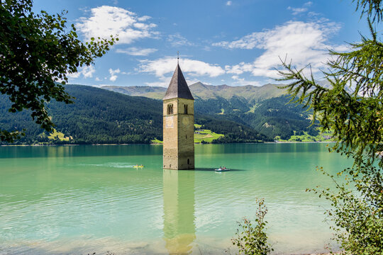 Church in the water at Lake Reschen in Tyrol in north Italy