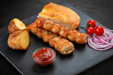 Lula kebab with grilled potatoes, matnakash and red sauce. Served on a stone plate