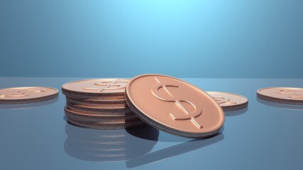Stack of gold coins with coins around on a blue background. Finance and business background. Realistic 3D Render