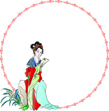 vector Ancient Chinese Lady Figure with circle border frame background