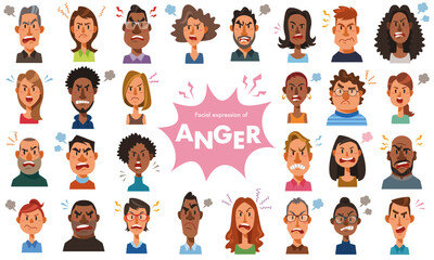Facial expressions of anger. Angry men and women. Set of diverse people on white background. Vector illustration in flat cartoon style.