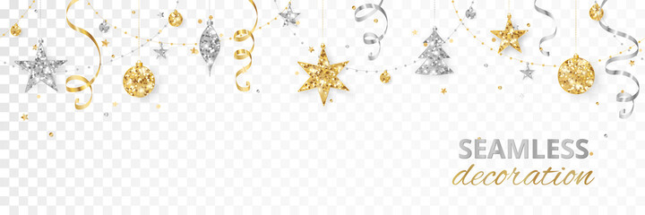 Seamless holiday decoration. Christmas glitter border. Festive vector background isolated on white. Gold and silver ornaments, garland with stars. For Christmas and New Year banners, headers.