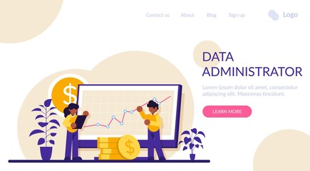 Data administrator. Cyber or web security specialist. Digital data protection and safety. Modern technology and virtual crime. Protection information in internet. Modern flat illustration.