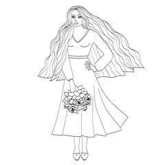 A beautiful girl with long hair is holding a bouquet of flowers. Silhouette of a young woman, black outline on white. Vector illustration for coloring pages, logos, avatars.