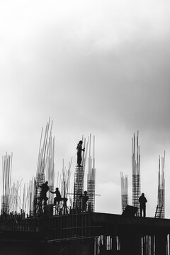 Constructions workers at a high-rise building.