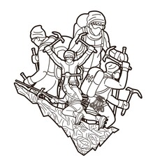 Group of people Hiker climbing mountain hiking cartoon graphic vector	