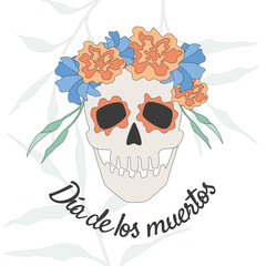 Dia de los muertos vector illustration  with a skull in marigolds
