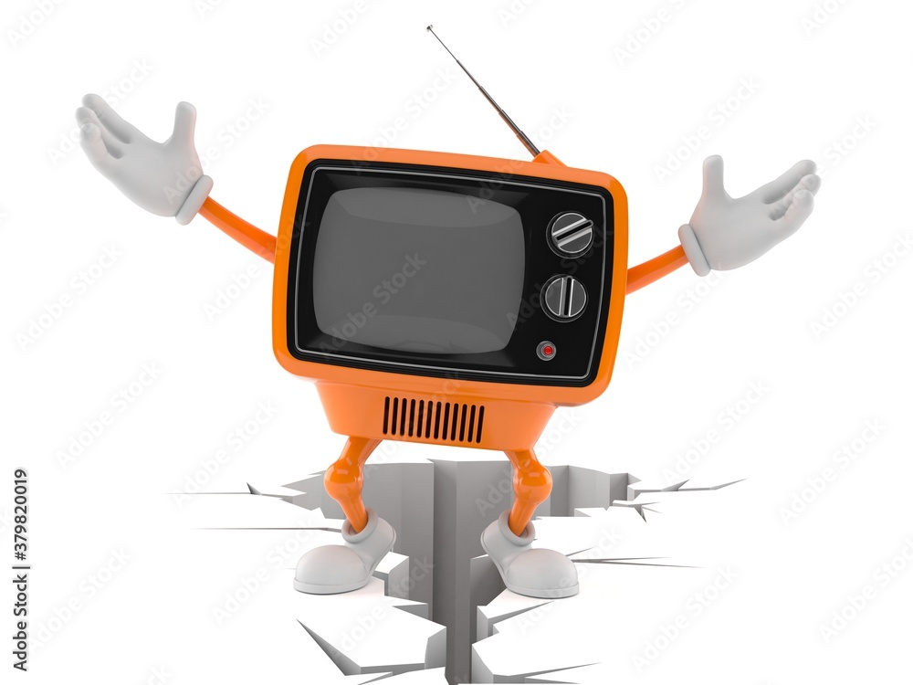 Poster retro tv character standing on cracked ground