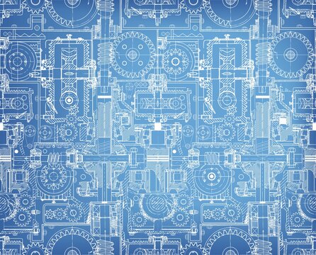 Seamless technical pattern, blueprint , a background of worm gears and other gears combined into a fantastic machinery. Vintage Graph Paper