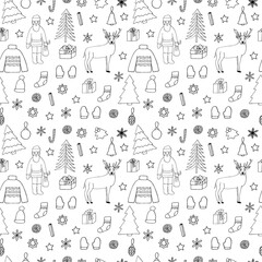 Christmas and new year seamless pattern, vector illustration, Santa Claus, reindeer, Christmas trees, snowflakes, Christmas toys, warm clothes, hand drawing sketch