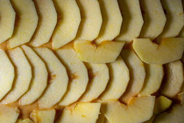 Apple slices for cooking a cake. Top view.