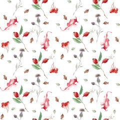 Decorated watercolor backgrounds. Autumn leaves and rose hips. Can be used for floral poster, invitation, gift wrapping paper, the background for birthday cards and so on.