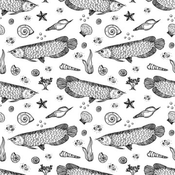 Cute hand drawn seamless pattern with arowana fish, seaweed and seashells. Vector  