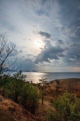 Dawn on the sea, view from the mountains. Crimea, Koktebel.